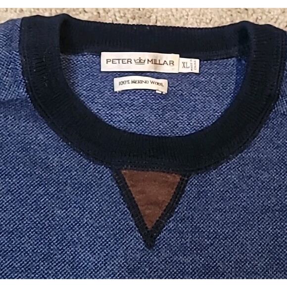 Peter Millar Blue Merino Wool Crewneck Sweater XL Elbow Patch Preppy EUC - Picture 3 of 7